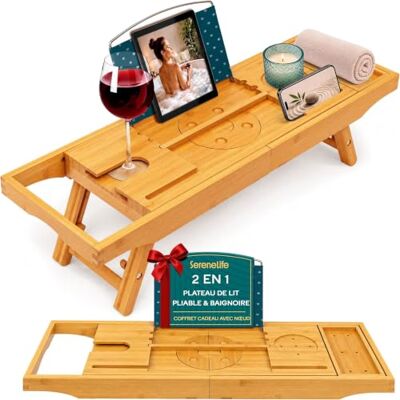 SereneLife Plateau de Baignoire en Bambou Extensible – Support de Bain Réglable avec Poignées Antidérapantes, Porte-Verre à Vin et Support pour Tablette ou Smartphone SereneLife Plateau de Baignoire en Bambou Extensible – Support de Bain Réglable avec Poignées Antidérapantes, Porte-Verre à Vin et Support pour Tablette ou Smartphone