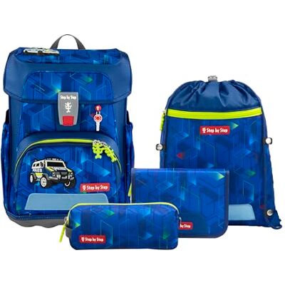 Step by Step Ensemble cartable Cloud 5 pièces, cartable ergonomique avec réflecteurs, réglable en hauteur avec ceinture abdominale, à partir de la 1ère classe, 19 l, Police Truck Charly Bleu Step by Step Ensemble cartable Cloud 5 pièces, cartable ergonomique avec réflecteurs, réglable en hauteur avec ceinture abdominale, à partir de la 1ère classe, 19 l, Police Truck Charly Bleu