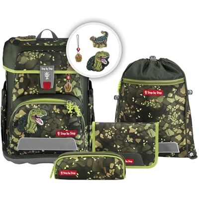 Step by Step Ensemble Cartable Cloud 5 pièces Tornister ergonomique avec réflecteurs, hauteur réglable avec ceinture abdominale, dès la 1ère classe, 19L, Dino Torex Vert, Cartable Step by Step Ensemble Cartable Cloud 5 pièces Tornister ergonomique avec réflecteurs, hauteur réglable avec ceinture abdominale, dès la 1ère classe, 19L, Dino Torex Vert, Cartable