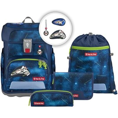 Step by Step Ensemble cartable cloud 5 pièces, sac à dos ergonomique avec réflecteurs, hauteur réglable avec ceinture abdominale, dès la 1ère classe, 19L, Starship Galactus Bleu Step by Step Ensemble cartable cloud 5 pièces, sac à dos ergonomique avec réflecteurs, hauteur réglable avec ceinture abdominale, dès la 1ère classe, 19L, Starship Galactus Bleu