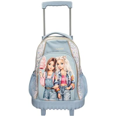 Depesche 14022 TOPModel Festival Fun Sac à dos d'écolier à roulettes bleu foncé et crème, avec motif modèle et motif floral, sac d'école avec poignée télescopique et roulettes Depesche 14022 TOPModel Festival Fun Sac à dos d'écolier à roulettes bleu foncé et crème, avec motif modèle et motif floral, sac d'école avec poignée télescopique et roulettes