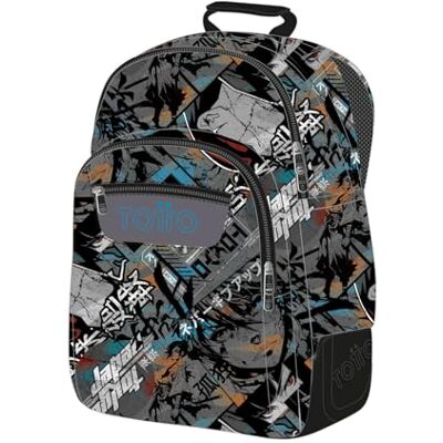Totto Grand sac à dos scolaire modèle Rayol, capacité 19 L, 3 compartiments, 2 poches bouteille, poche pour PC 14", dos ergonomique avec flux d'air, bretelles en S, imprimé Okubo Totto Grand sac à dos scolaire modèle Rayol, capacité 19 L, 3 compartiments, 2 poches bouteille, poche pour PC 14", dos ergonomique avec flux d'air, bretelles en S, imprimé Okubo