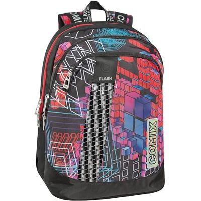 COMIX FLASH Sac à dos d'école moyenne et supérieure avec 2 grands espaces, grande poche avant, fermeture à glissière, bretelles rembourrées et réglables avec LED, 32 x 43 x 23 cm, 31 L, Noir, COMIX FLASH Sac à dos d'école moyenne et supérieure avec 2 grands espaces, grande poche avant, fermeture à glissière, bretelles rembourrées et réglables avec LED, 32 x 43 x 23 cm, 31 L, Noir,