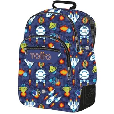 Totto Grand sac à dos scolaire modèle Rayol, capacité 19 L, 3 compartiments, 2 poches bouteille, poche pour PC 14", dos ergonomique avec flux d'air, bretelles en S, imprimé Space Blue Totto Grand sac à dos scolaire modèle Rayol, capacité 19 L, 3 compartiments, 2 poches bouteille, poche pour PC 14", dos ergonomique avec flux d'air, bretelles en S, imprimé Space Blue