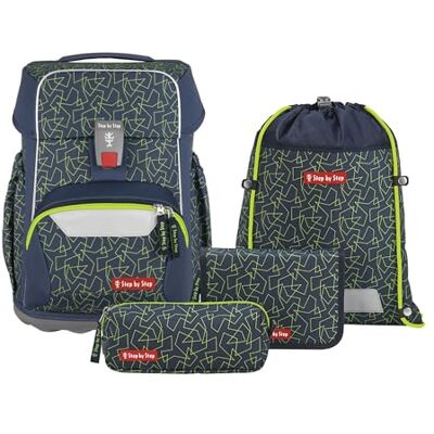 Step by Step Basis Green Geometrics Ensemble cartable 4 pièces, vert, sacoche ergonomique avec réflecteurs, sangle de hanche et de poitrine, pour enfants de première classe, 20 litres, Green Step by Step Basis Green Geometrics Ensemble cartable 4 pièces, vert, sacoche ergonomique avec réflecteurs, sangle de hanche et de poitrine, pour enfants de première classe, 20 litres, Green