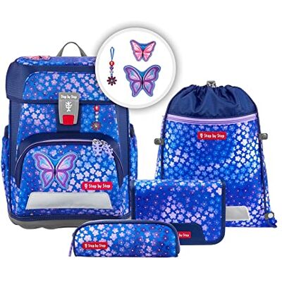 Step by Step Ensemble cartable Cloud, 5 pièces, sac à dos ergonomique avec réflecteurs, réglable en hauteur avec ceinture abdominale, dès la première classe, 19 l, Butterfly Maja Bleu/rose Step by Step Ensemble cartable Cloud, 5 pièces, sac à dos ergonomique avec réflecteurs, réglable en hauteur avec ceinture abdominale, dès la première classe, 19 l, Butterfly Maja Bleu/rose