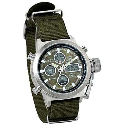 JewelryWe Montre analogique numérique à quartz pour homme Deux fuseaux horaires Bracelet en nylon Tetxil Montre de sport avec aiguilles lumineuses, alarme, chronomètre, chronographe, carillon JewelryWe Montre analogique numérique à quartz pour homme Deux fuseaux horaires Bracelet en nylon Tetxil Montre de sport avec aiguilles lumineuses, alarme, chronomètre, chronographe, carillon