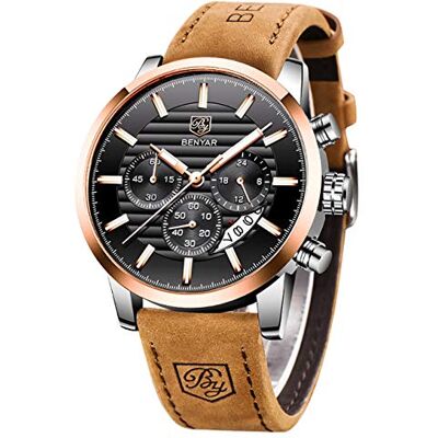BY BENYAR BENYAR Montre Homme Chronographe Quartz Bracelet en Cuir Montre de Sport d'affaires de Mode 30M étanche et Anti-Rayures Cadeau pour homme(Brun Couleur or Noir ) BY BENYAR BENYAR Montre Homme Chronographe Quartz Bracelet en Cuir Montre de Sport d'affaires de Mode 30M étanche et Anti-Rayures Cadeau pour homme(Brun Couleur or Noir )