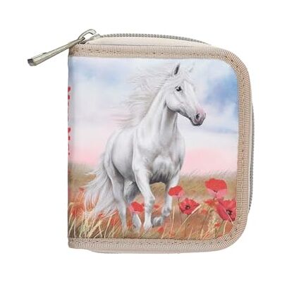 Depesche Miss Melody Poppy Sand 13344 Portefeuille beige et bleu, avec motif chevaux et coquelicots, portefeuille avec bouton pression Depesche Miss Melody Poppy Sand 13344 Portefeuille beige et bleu, avec motif chevaux et coquelicots, portefeuille avec bouton pression