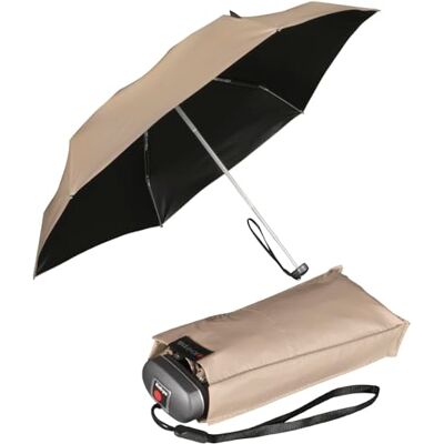 Knirps Mini parapluie de poche de voyage léger Rayures, Beige avec revêtement noir Protection contre les UV et la chaleur, 93 cm Knirps Mini parapluie de poche de voyage léger Rayures, Beige avec revêtement noir Protection contre les UV et la chaleur, 93 cm