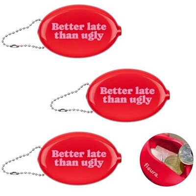 Fisura – Porte-monnaie ovale en gomme “Better late” rose. Modèle rétro avec chaîne, mini portefeuille de poche unisexe, cadeau original pratique. 3 unités. Fisura – Porte-monnaie ovale en gomme “Better late” rose. Modèle rétro avec chaîne, mini portefeuille de poche unisexe, cadeau original pratique. 3 unités.