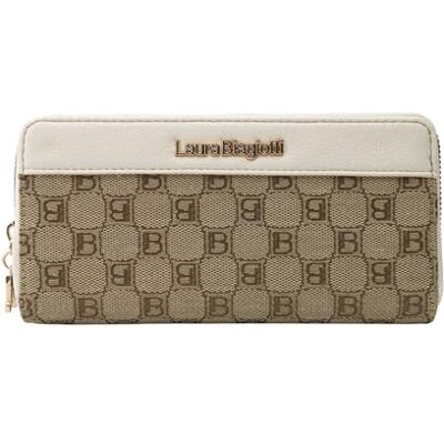 Laura Biagiotti Grand portefeuille femme en PU et tissu logo, avec porte-monnaie et boîte cadeau, Beurre, Classico, Classique Laura Biagiotti Grand portefeuille femme en PU et tissu logo, avec porte-monnaie et boîte cadeau, Beurre, Classico, Classique