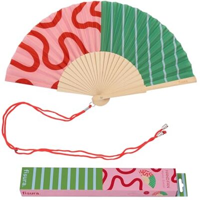 Fisura Éventail original avec imprimé vagues et rayures Éventail en bois moderne et coloré Ventilateur à main rose et vert Crochet inclus Idée cadeau amusante 42,5 x 23 cm Fisura Éventail original avec imprimé vagues et rayures Éventail en bois moderne et coloré Ventilateur à main rose et vert Crochet inclus Idée cadeau amusante 42,5 x 23 cm