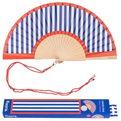 Fisura – Éventail en bois avec imprimé rayé rouge et bleu. Accessoire tendance et coloré, ventilateur de poche original avec crochet inclus. Dimensions : 42,5 x 23 cm Fisura – Éventail en bois avec imprimé rayé rouge et bleu. Accessoire tendance et coloré, ventilateur de poche original avec crochet inclus. Dimensions : 42,5 x 23 cm