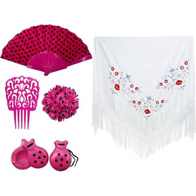 Carnavalife Pack d'accessoires Flamenco pour femme, châle avec fleurs flamant rose sévillane, pinces à cheveux traditionnelles, éventails en design flamant rose (fuchsia/blanc) Carnavalife Pack d'accessoires Flamenco pour femme, châle avec fleurs flamant rose sévillane, pinces à cheveux traditionnelles, éventails en design flamant rose (fuchsia/blanc)