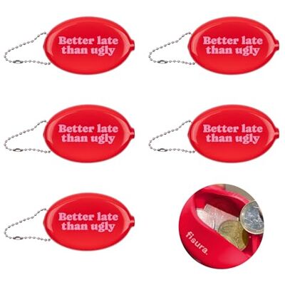 Fisura – Porte-monnaie ovale en gomme “Better late” rose. Modèle rétro avec chaîne, mini portefeuille de poche unisexe, cadeau original pratique. 5 unités. Fisura – Porte-monnaie ovale en gomme “Better late” rose. Modèle rétro avec chaîne, mini portefeuille de poche unisexe, cadeau original pratique. 5 unités.