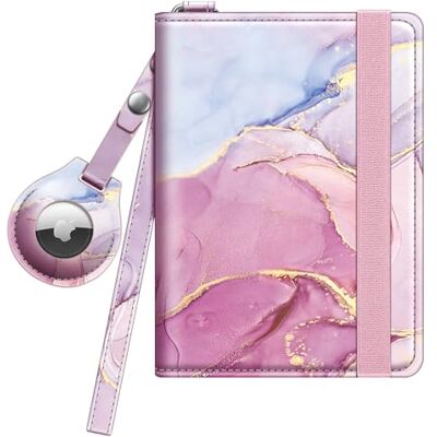 FINTIE Support de passeport Airtag, portefeuille de voyage fin avec blocage RFID, protecteur de passeport essentiel avec fentes pour cartes de crédit pour femmes/hommes, marbre rose FINTIE Support de passeport Airtag, portefeuille de voyage fin avec blocage RFID, protecteur de passeport essentiel avec fentes pour cartes de crédit pour femmes/hommes, marbre rose