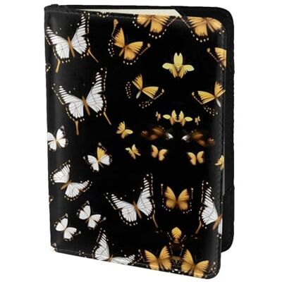 YQxwJL Étui de passeport en cuir imprimé papillons blancs dorés et noirs pour homme et femme, noir, One Size YQxwJL Étui de passeport en cuir imprimé papillons blancs dorés et noirs pour homme et femme, noir, One Size