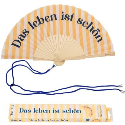 Fisura – Éventail original avec message “Das leben ist schon”. Accessoire en bois moderne et coloré. Ventilateur à main jaune à rayures. Dragonne incluse. Idée cadeau amusante. 42,5 x 23 cm Fisura – Éventail original avec message “Das leben ist schon”. Accessoire en bois moderne et coloré. Ventilateur à main jaune à rayures. Dragonne incluse. Idée cadeau amusante. 42,5 x 23 cm