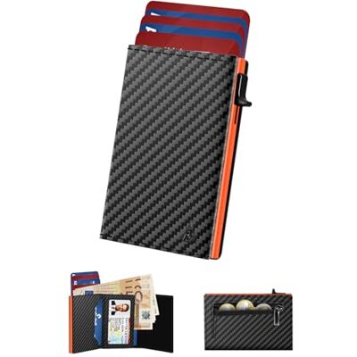 dwnkove Porte Carte Bancaire, Portefeuille Hommes en Cuir Carbon avec Fermeture Magnétique & Poche à Monnaie & Bloc RFID, Porte Feuille et Porte-Cartes Pop Up pour 11 Cartes, Fenêtre D'identité, Noir & Orange dwnkove Porte Carte Bancaire, Portefeuille Hommes en Cuir Carbon avec Fermeture Magnétique & Poche à Monnaie & Bloc RFID, Porte Feuille et Porte-Cartes Pop Up pour 11 Cartes, Fenêtre D'identité, Noir & Orange
