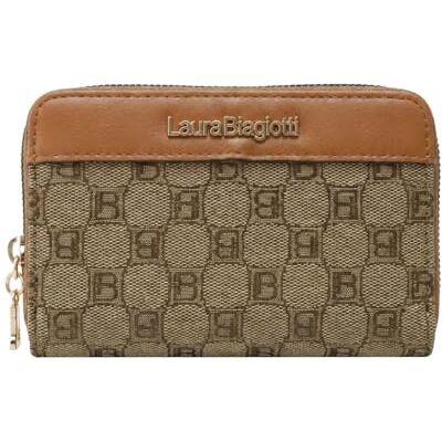 Laura Biagiotti Grand portefeuille femme en PU et tissu logo, avec porte-monnaie et boîte cadeau, cognac, Compatto, Compact Laura Biagiotti Grand portefeuille femme en PU et tissu logo, avec porte-monnaie et boîte cadeau, cognac, Compatto, Compact