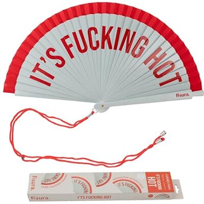 Fisura – Éventail original avec message "It’s f*cking hot". Accessoire en bois réversible coloré. Ventilateur main rouge blanc au style unique. Crochet inclus. Taille : 42,5 x 23 cm Fisura – Éventail original avec message "It’s f*cking hot". Accessoire en bois réversible coloré. Ventilateur main rouge blanc au style unique. Crochet inclus. Taille : 42,5 x 23 cm