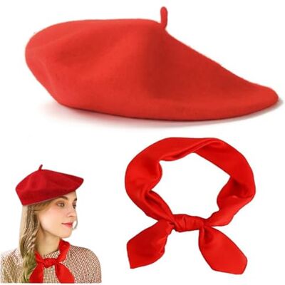 Wxinsheng Béret basque classique uni style français avec écharpe rouge pour les anniversaires et les vacances des épouses et des meilleurs amis Wxinsheng Béret basque classique uni style français avec écharpe rouge pour les anniversaires et les vacances des épouses et des meilleurs amis