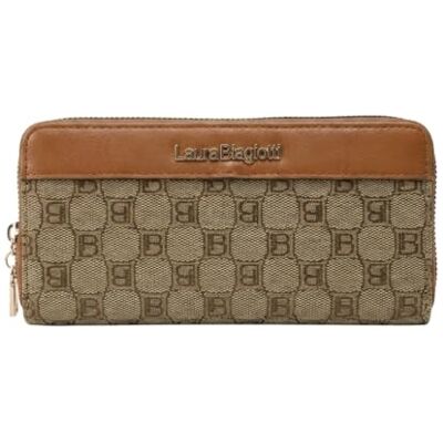 Laura Biagiotti Grand portefeuille femme en PU et tissu logo, avec porte-monnaie et boîte cadeau, cognac, Classico, Classique Laura Biagiotti Grand portefeuille femme en PU et tissu logo, avec porte-monnaie et boîte cadeau, cognac, Classico, Classique