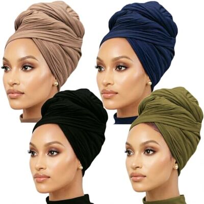 Nonbongoy Turban long et grand pour femme, extensible et respirant, en jersey super doux, noir, camel, armée et bleu marine Nonbongoy Turban long et grand pour femme, extensible et respirant, en jersey super doux, noir, camel, armée et bleu marine