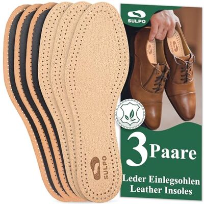 SULPO Lot de 3 paires de semelles en cuir de qualité supérieure avec charbon actif, absorbant les odeurs, anti-transpiration, respirantes SULPO Lot de 3 paires de semelles en cuir de qualité supérieure avec charbon actif, absorbant les odeurs, anti-transpiration, respirantes