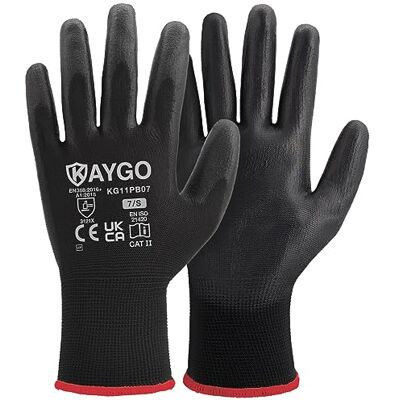 KAYGO Lot de 12 paires de gants de travail pour hommes et femmes, gants de protection avec revêtement PU, poignée antidérapante sur les paumes et les doigts, convient pour le bricolage, le travail KAYGO Lot de 12 paires de gants de travail pour hommes et femmes, gants de protection avec revêtement PU, poignée antidérapante sur les paumes et les doigts, convient pour le bricolage, le travail