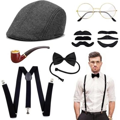 ZHITENG Peaky Blinders Costume des années 20 pour homme Tenue pour homme Avec chapeau panama gangster Bretelles nœud papillon Lunettes Accessoires des années 20 Pour carnaval, Halloween ZHITENG Peaky Blinders Costume des années 20 pour homme Tenue pour homme Avec chapeau panama gangster Bretelles nœud papillon Lunettes Accessoires des années 20 Pour carnaval, Halloween