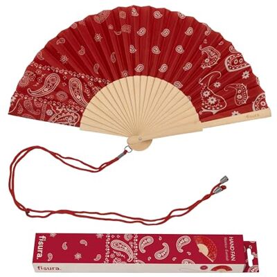 Fisura – Éventail en bois motif paisley rouge, accessoire à main coloré avec dragonne incluse, style été moderne pour plage, festival et voyage, idée cadeau femme 42,5 x 23 cm Fisura – Éventail en bois motif paisley rouge, accessoire à main coloré avec dragonne incluse, style été moderne pour plage, festival et voyage, idée cadeau femme 42,5 x 23 cm