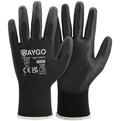 KAYGO KG11PB Lot de 12 paires de gants de travail en maille sans couture avec revêtement en polyuréthane pour une prise en main lisse sur la paume et les doigts, pour homme et femme, idéal pour le travail général (taille XL, noir) KAYGO KG11PB Lot de 12 paires de gants de travail en maille sans couture avec revêtement en polyuréthane pour une prise en main lisse sur la paume et les doigts, pour homme et femme, idéal pour le travail général (taille XL, noir)