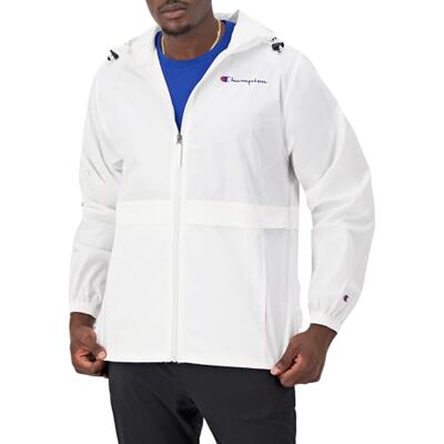 Champion , Stadium Full-Zip, Wind, Water Resistant Jacket for Men, White Small Script, Large Champion , Stadium Full-Zip, Wind, Water Resistant Jacket for Men, White Small Script, Large