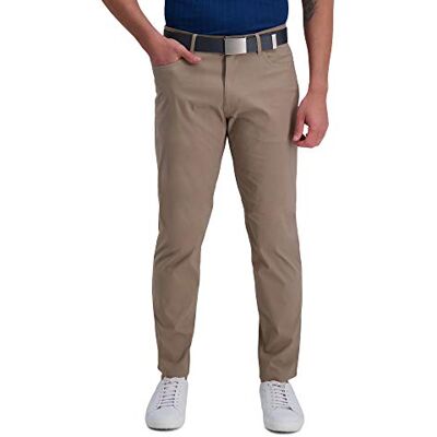 Haggar Men's The Active Series Slim Fit Flat Front Pant, Med. Khaki, 34W x 32L Haggar Men's The Active Series Slim Fit Flat Front Pant, Med. Khaki, 34W x 32L