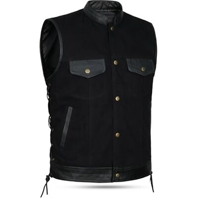 Leatherick SOA Hommes Biker Gilet Côté Lacet Cuir Denim Trim Gilet Noir XXL Leatherick SOA Hommes Biker Gilet Côté Lacet Cuir Denim Trim Gilet Noir XXL