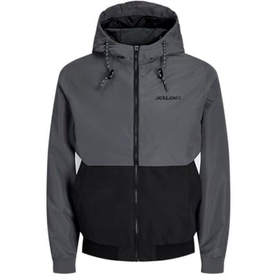 JACK & JONES Jjerush Hood Bomber Noos Pls Veste bomber pour homme, Détails turbulence : noir/blanc bloquant, S JACK & JONES Jjerush Hood Bomber Noos Pls Veste bomber pour homme, Détails turbulence : noir/blanc bloquant, S