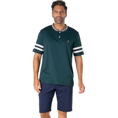 Eminence Pyjama Court Homme Club- Jersey 100% Coton Peigné T-Shirt Manches Courtes Col T + Short 2 Poches Label Oeko-TEX® Standard 100, Vert/Marine, S Eminence Pyjama Court Homme Club- Jersey 100% Coton Peigné T-Shirt Manches Courtes Col T + Short 2 Poches Label Oeko-TEX® Standard 100, Vert/Marine, S
