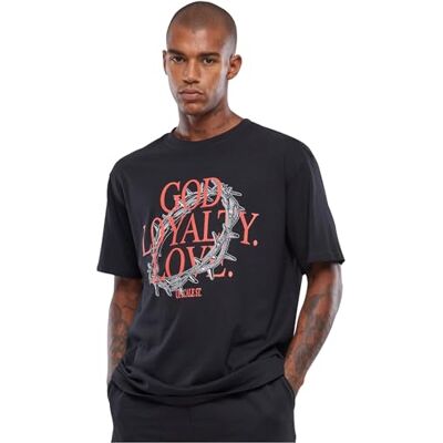 Upscale T-shirt unisexe avec inscription « God Loyalty Love Oversize Tee » T-shirt imprimé Coupe surdimensionnée en coton T-shirt imprimé graphique, Noir, XS Upscale T-shirt unisexe avec inscription « God Loyalty Love Oversize Tee » T-shirt imprimé Coupe surdimensionnée en coton T-shirt imprimé graphique, Noir, XS