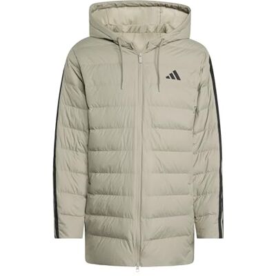 adidas Homme Essentials Climawarm 3 Stripes Light Down Hooded Parkas Coat, silver pebble, XS adidas Homme Essentials Climawarm 3 Stripes Light Down Hooded Parkas Coat, silver pebble, XS