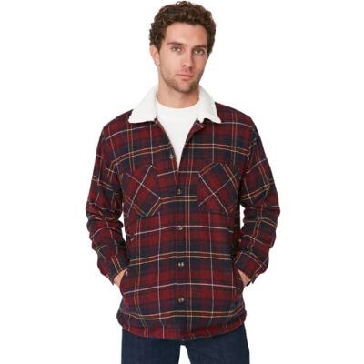Trendyol Manteau de veste régulière à carreaux à col revers pour hommes, bordeaux, XXL grande taille Trendyol Manteau de veste régulière à carreaux à col revers pour hommes, bordeaux, XXL grande taille