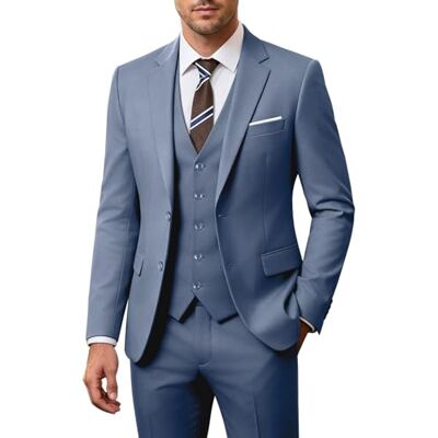ZKHOECR Holivyer Ensemble de costume 3 pièces pour homme, coupe ajustée, blazer à deux boutons, veste unie, gilet, pantalon, costume d'affaires de mariage, bleu jean, L ZKHOECR Holivyer Ensemble de costume 3 pièces pour homme, coupe ajustée, blazer à deux boutons, veste unie, gilet, pantalon, costume d'affaires de mariage, bleu jean, L