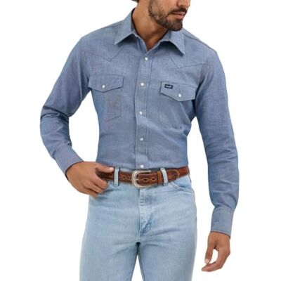 Wrangler Cowboy Cut Western Long Sleeve Snap Work Shirt Washed Finish Chemise, Opaque Homme, Chambray Bleu Moyen, M Wrangler Cowboy Cut Western Long Sleeve Snap Work Shirt Washed Finish Chemise, Opaque Homme, Chambray Bleu Moyen, M