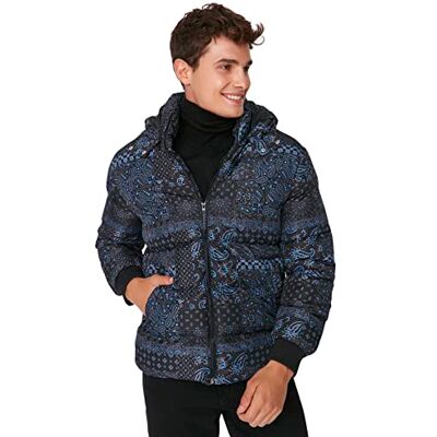 Trendyol Veste d'Hiver Régulière à Capuche Et Imprimé Batik Manteau Homme, Noir, L Trendyol Veste d'Hiver Régulière à Capuche Et Imprimé Batik Manteau Homme, Noir, L