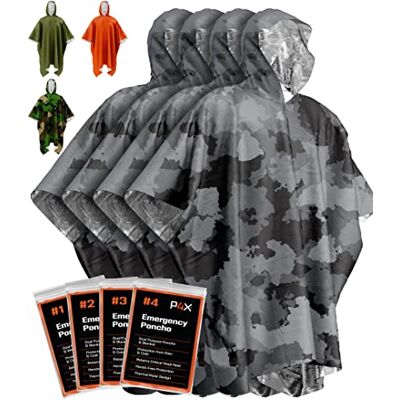 PREPARED4X Emergency Poncho with Mylar Blanket Liner – Heavy Duty, Waterproof, Wind-Resistant Green Rain Poncho for Outdoors, Camping, and Car Emergency Kits Thermal Poncho 4 Pack (Camo) PREPARED4X Emergency Poncho with Mylar Blanket Liner – Heavy Duty, Waterproof, Wind-Resistant Green Rain Poncho for Outdoors, Camping, and Car Emergency Kits Thermal Poncho 4 Pack (Camo)