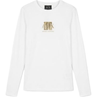 Giorgio Armani Exchange A X T-shirt pour femme, motif drame moderne, logo doré, manches longues, blanc optique, taille L Giorgio Armani Exchange A X T-shirt pour femme, motif drame moderne, logo doré, manches longues, blanc optique, taille L