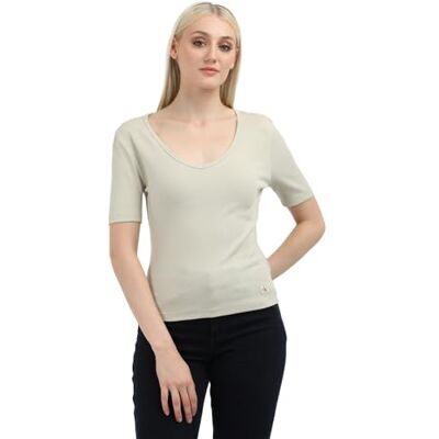 Calvin Woven Label J20j224455 T-shirt À Col en V Côtelé T-shirt S/S Femme Calvin Woven Label J20j224455 T-shirt À Col en V Côtelé T-shirt S/S Femme