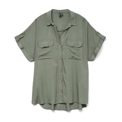 VERO MODA Chemise à manches courtes pour femme avec motif rayé, poches poitrine et boutonnière, vert, XS VERO MODA Chemise à manches courtes pour femme avec motif rayé, poches poitrine et boutonnière, vert, XS