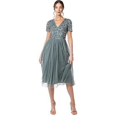 Maya Deluxe Robe midi à col en V pour femme, robe de demoiselle d'honneur décorée, Vert bruyant., 56 Maya Deluxe Robe midi à col en V pour femme, robe de demoiselle d'honneur décorée, Vert bruyant., 56